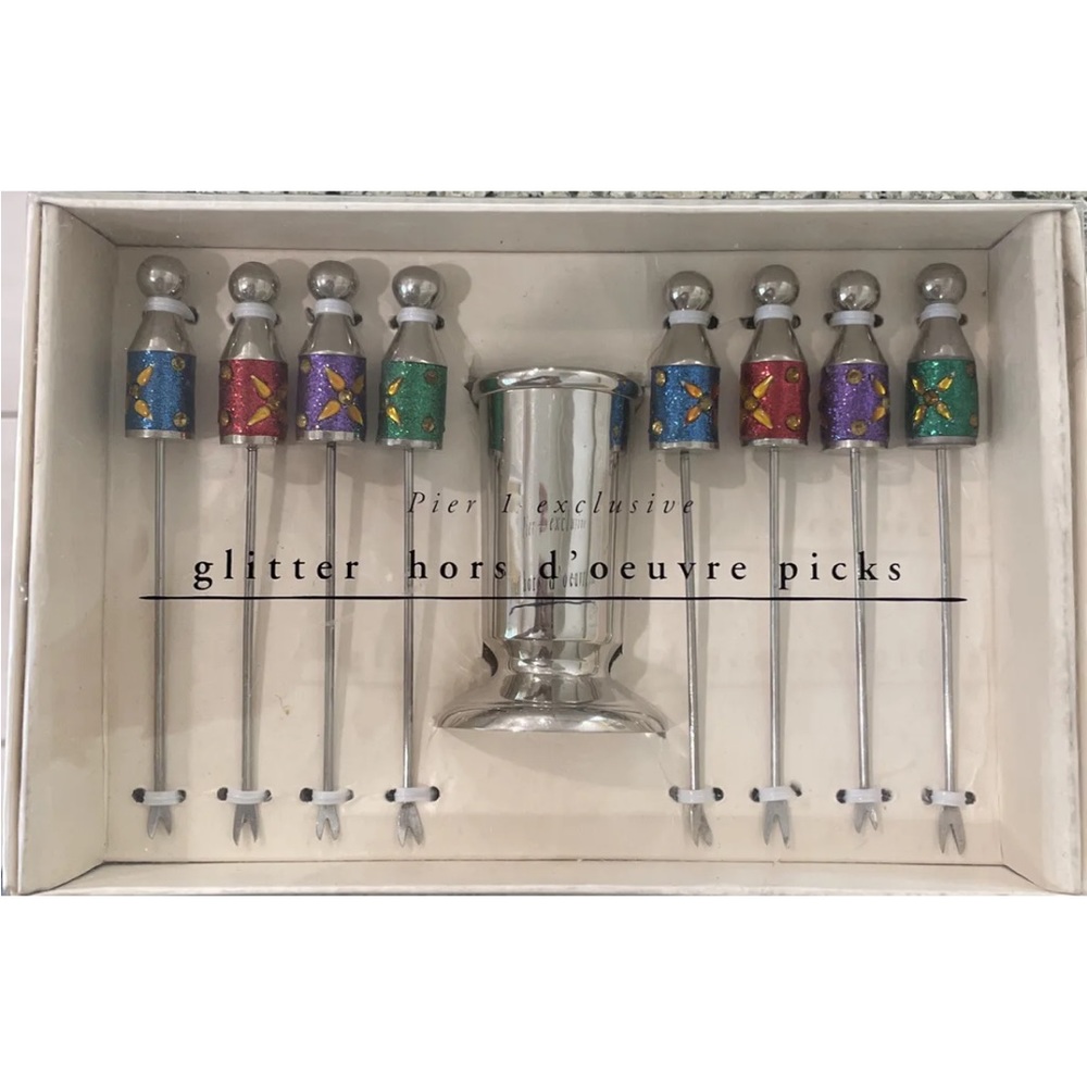 New In Box Pier One Imports 8 Glitter/Rhinestone Appetizer Pics-+Nickel Holder